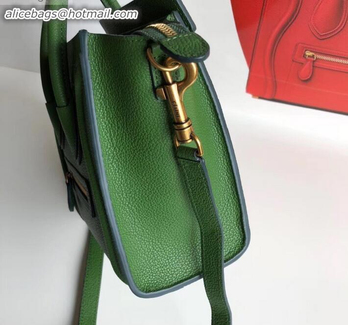 Duplicate Celine Nano Luggage Bag in Original Drummed Calfskin Green with Removable Shoulder Strap C090906