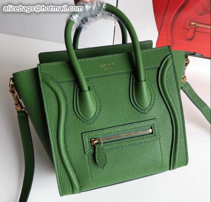 Duplicate Celine Nano Luggage Bag in Original Drummed Calfskin Green with Removable Shoulder Strap C090906