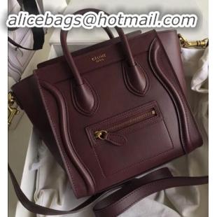 Duplicate Celine Nano Luggage Bag in Original Smooth Calfskin Burgundy with Removable Shoulder Strap C090906