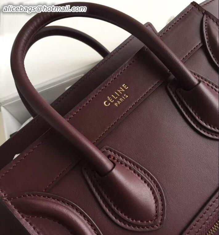 Duplicate Celine Nano Luggage Bag in Original Smooth Calfskin Burgundy with Removable Shoulder Strap C090906