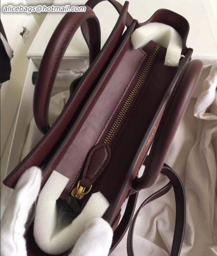 Duplicate Celine Nano Luggage Bag in Original Smooth Calfskin Burgundy with Removable Shoulder Strap C090906