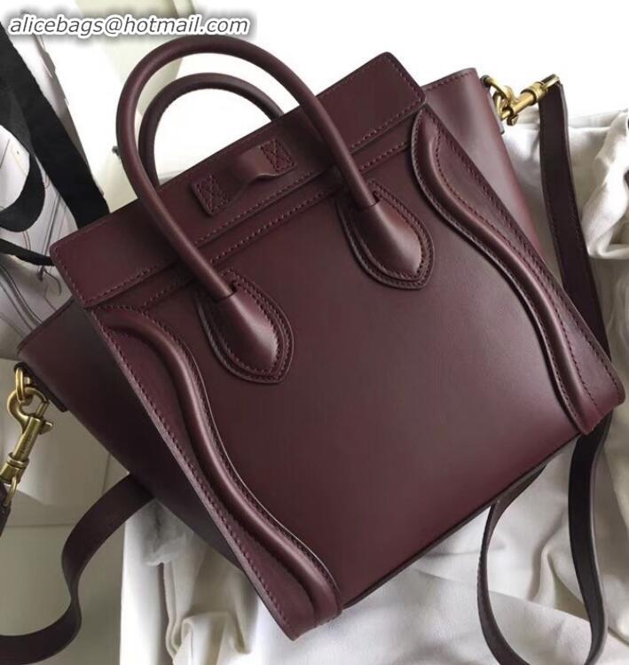 Duplicate Celine Nano Luggage Bag in Original Smooth Calfskin Burgundy with Removable Shoulder Strap C090906