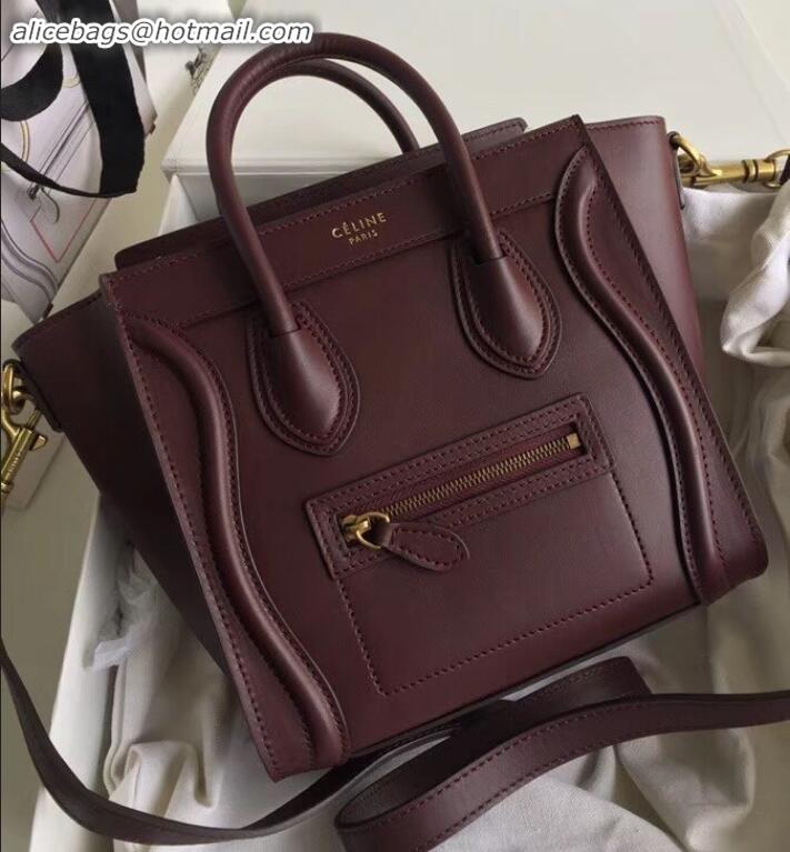 Duplicate Celine Nano Luggage Bag in Original Smooth Calfskin Burgundy with Removable Shoulder Strap C090906