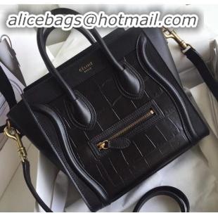 Promotion Celine Nano Luggage Bag in Original Black/Croco Pattern with Removable Shoulder Strap C090906