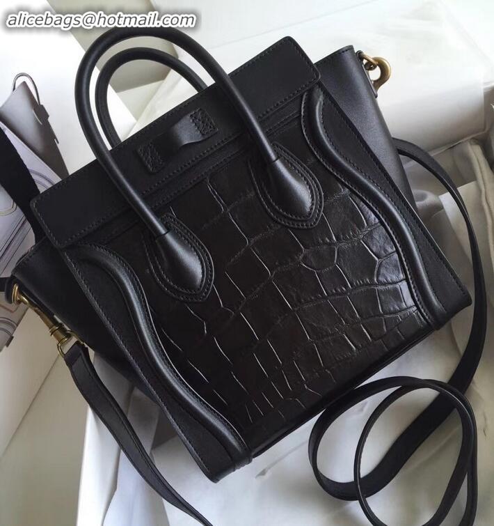 Promotion Celine Nano Luggage Bag in Original Black/Croco Pattern with Removable Shoulder Strap C090906