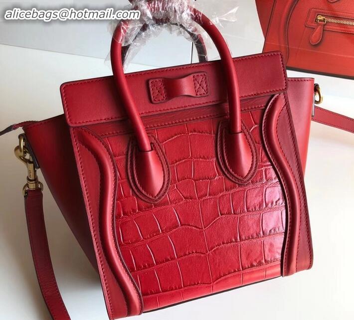 Top Quality Celine Nano Luggage Bag in Original Red/Croco Pattern with Removable Shoulder Strap C090906