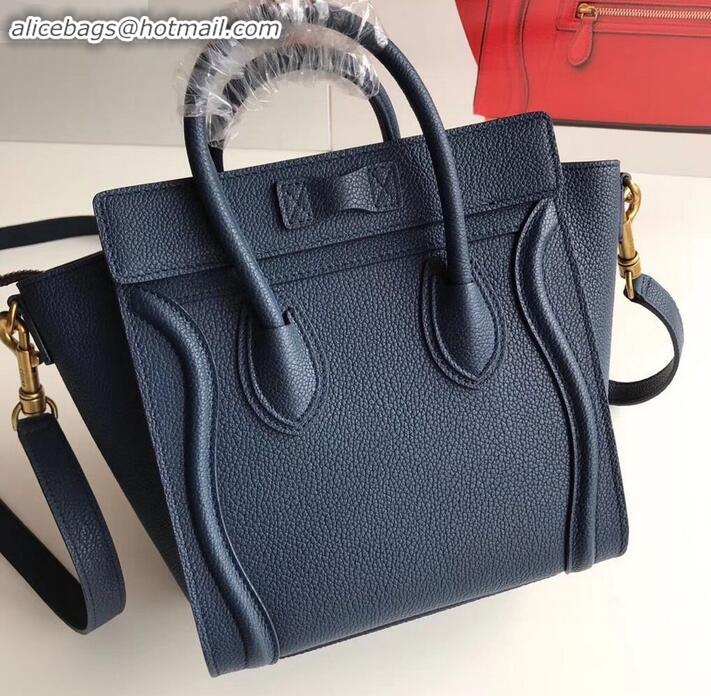 Design Discount Celine Nano Luggage Bag in Original Drummed Calfskin Royal Blue/Gold with Removable Shoulder Strap C0909