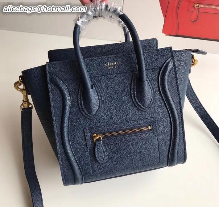 Design Discount Celine Nano Luggage Bag in Original Drummed Calfskin Royal Blue/Gold with Removable Shoulder Strap C0909