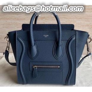 Classic Practical Celine Nano Luggage Bag in Original Drummed Calfskin Royal Blue/Silver with Removable Shoulder Strap C