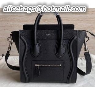 Classic Hot Celine Nano Luggage Bag in Original Drummed Calfskin Black/Silver with Removable Shoulder Strap C090906