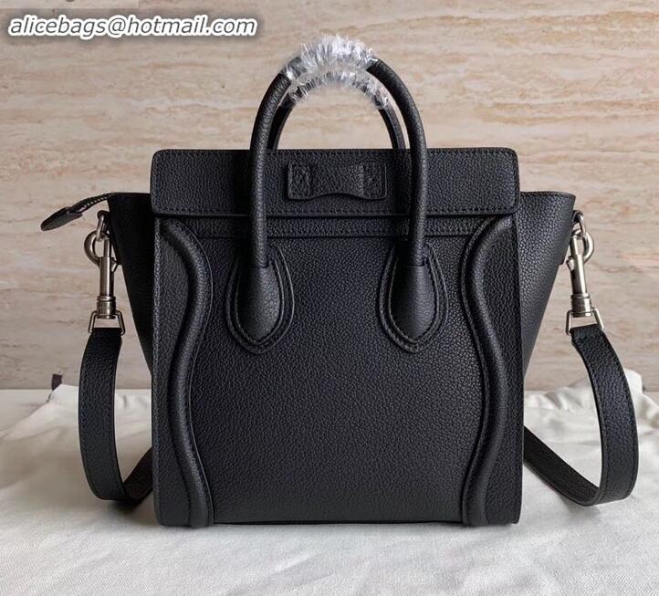 Classic Hot Celine Nano Luggage Bag in Original Drummed Calfskin Black/Silver with Removable Shoulder Strap C090906