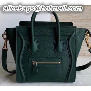 Top Grade Celine Nano Luggage Bag in Original Drummed Calfskin Dark Green with Removable Shoulder Strap C090906