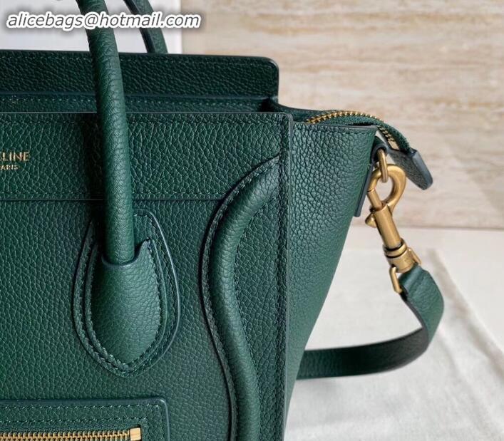 Top Grade Celine Nano Luggage Bag in Original Drummed Calfskin Dark Green with Removable Shoulder Strap C090906