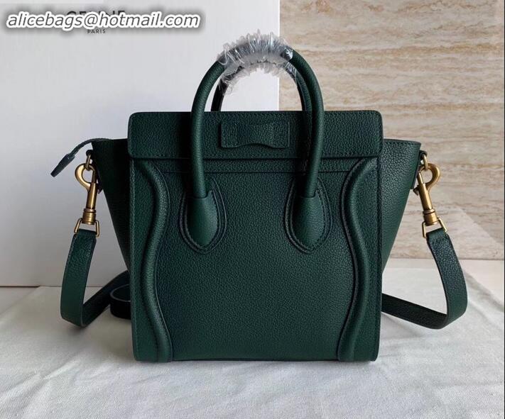 Top Grade Celine Nano Luggage Bag in Original Drummed Calfskin Dark Green with Removable Shoulder Strap C090906