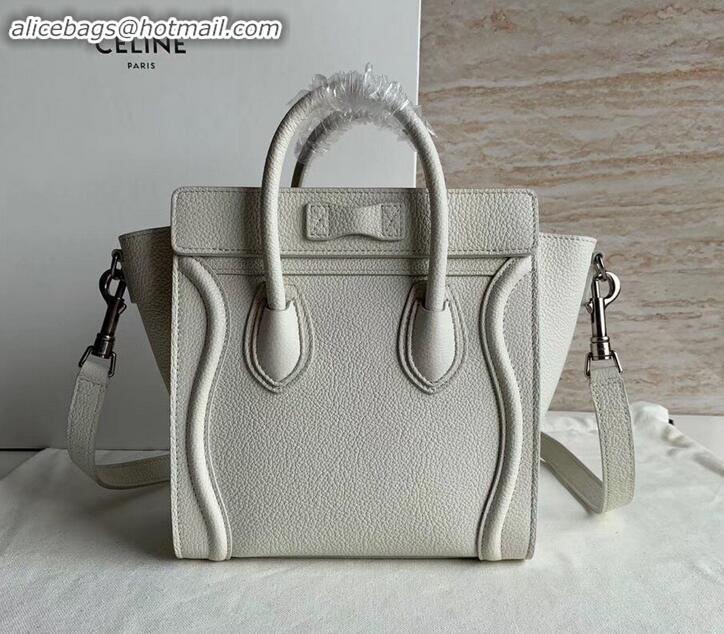 Top Design Celine Nano Luggage Bag in Original Drummed Calfskin White with Removable Shoulder Strap C090906