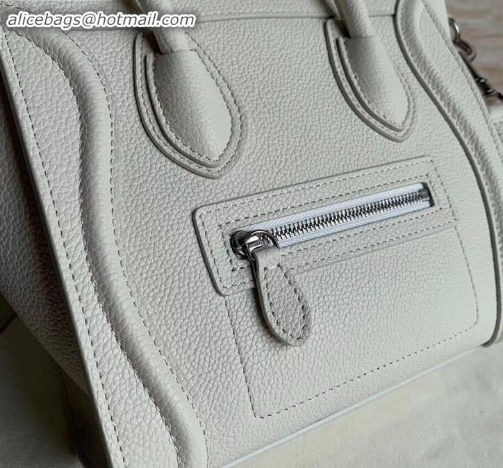 Top Design Celine Nano Luggage Bag in Original Drummed Calfskin White with Removable Shoulder Strap C090906