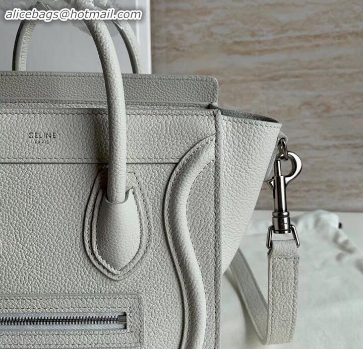 Top Design Celine Nano Luggage Bag in Original Drummed Calfskin White with Removable Shoulder Strap C090906