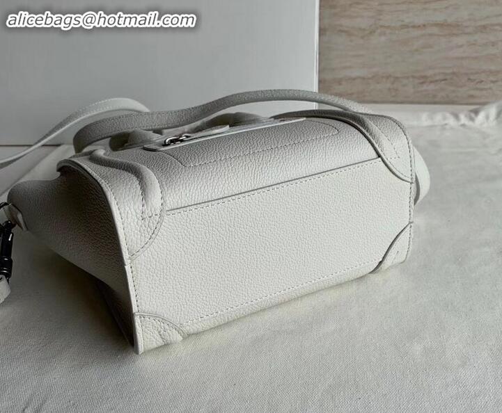 Top Design Celine Nano Luggage Bag in Original Drummed Calfskin White with Removable Shoulder Strap C090906