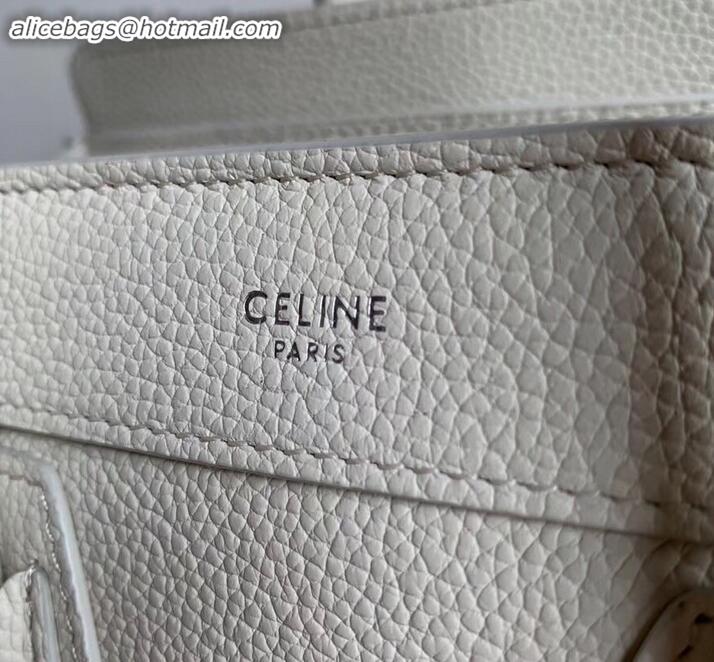 Top Design Celine Nano Luggage Bag in Original Drummed Calfskin White with Removable Shoulder Strap C090906