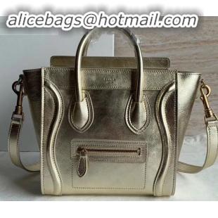 Good Quality Celine Nano Luggage Bag in Original Laminated Lambskin Gold with Removable Shoulder Strap C090906