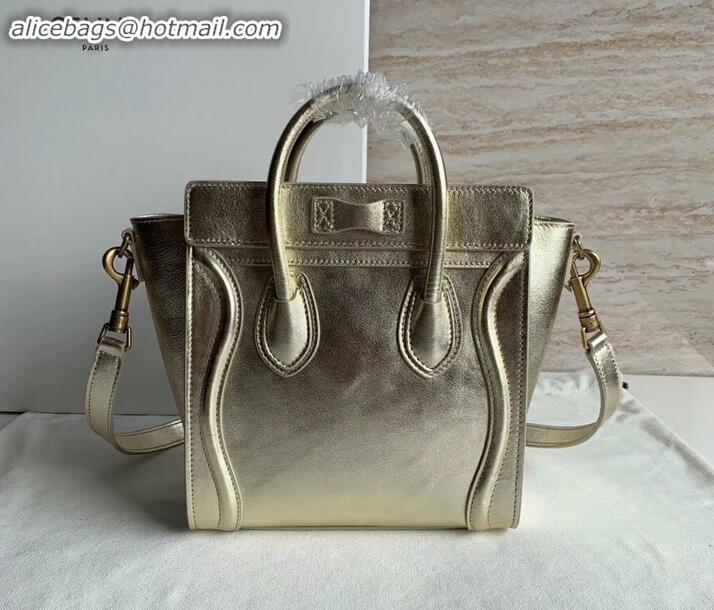 Good Quality Celine Nano Luggage Bag in Original Laminated Lambskin Gold with Removable Shoulder Strap C090906