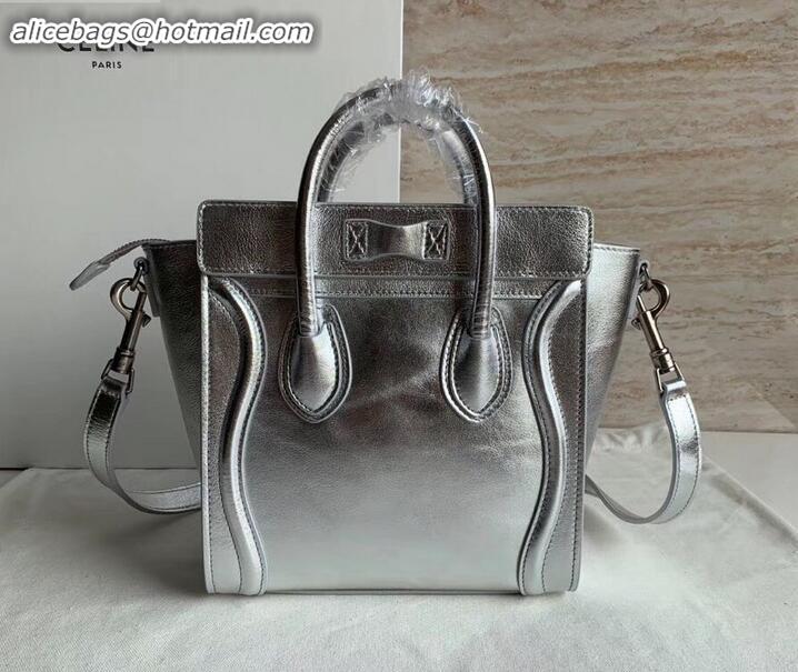 Best Product Celine Nano Luggage Bag in Original Laminated Lambskin Silver with Removable Shoulder Strap C090906