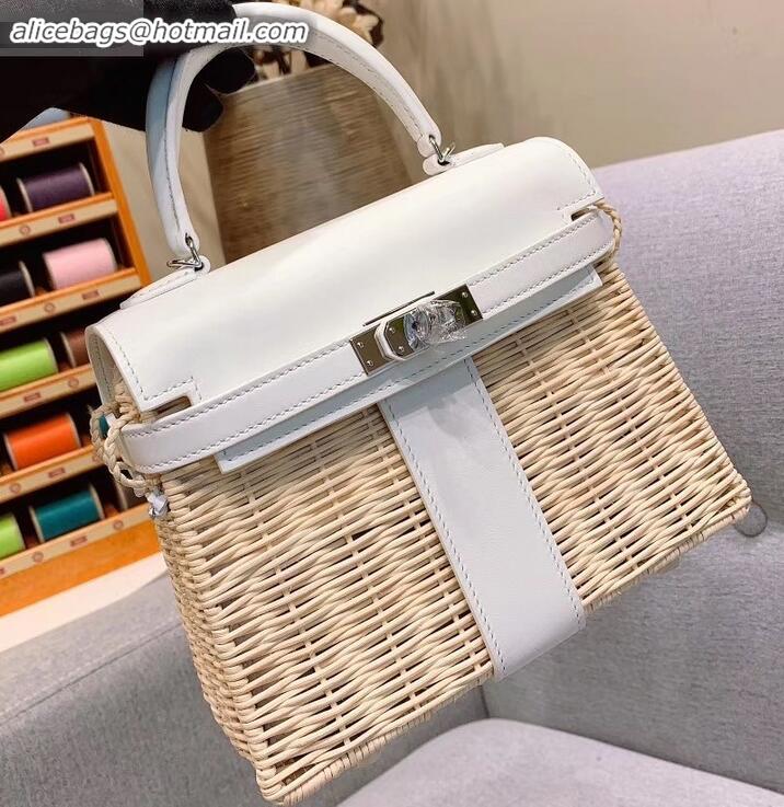 Crafted Hermes Mini Kelly Picnic Bag in Rattan H091415 White