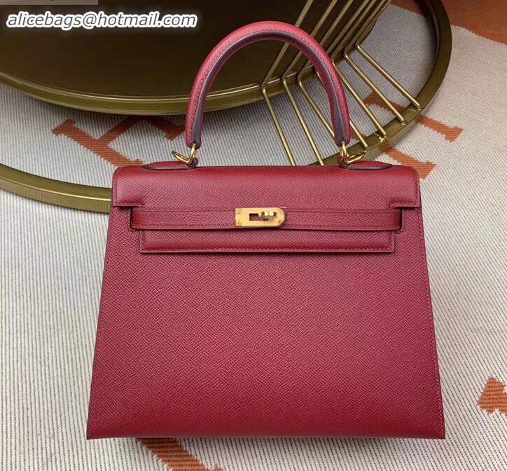 Best Grade Hermes Kelly 25cm Bag in Original Epsom Leather H091420 Dark Red