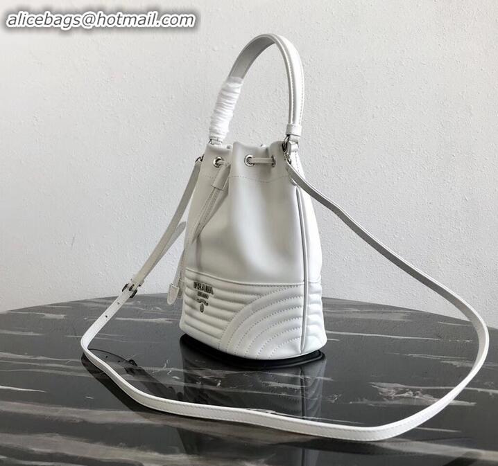 Top Design Prada Leather Bucket Bag 1BH038 White