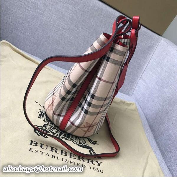 Inexpensive BURBERRY Banner small vintage check and leather tote Bag 9657 red