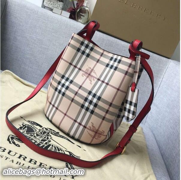 Inexpensive BURBERRY Banner small vintage check and leather tote Bag 9657 red