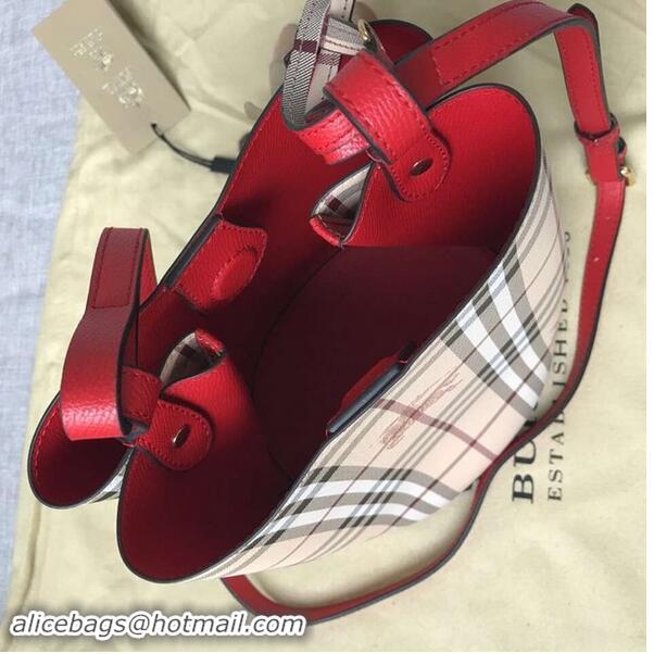 Inexpensive BURBERRY Banner small vintage check and leather tote Bag 9657 red