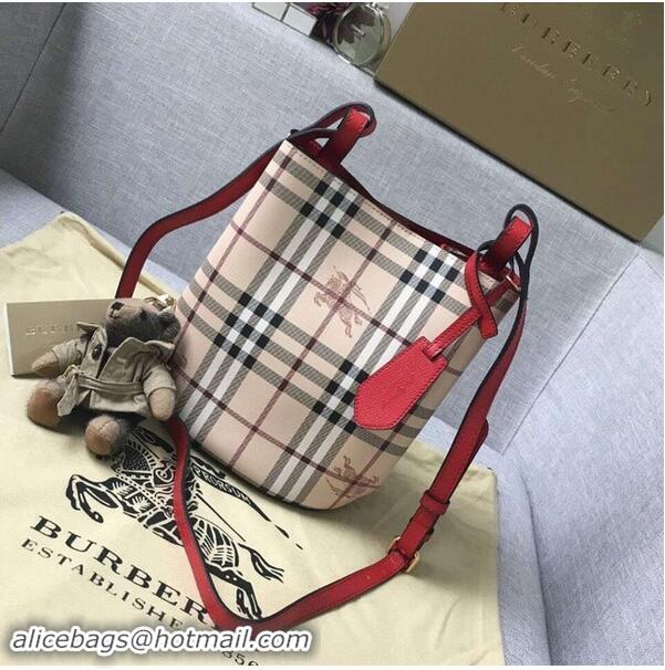 Inexpensive BURBERRY Banner small vintage check and leather tote Bag 9657 red