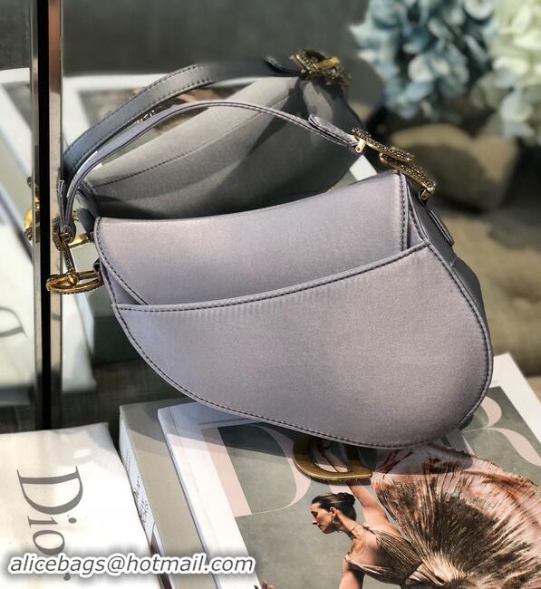 Chic Small Dior Mini Saddle Satin Crystal Bag M0447 Gray