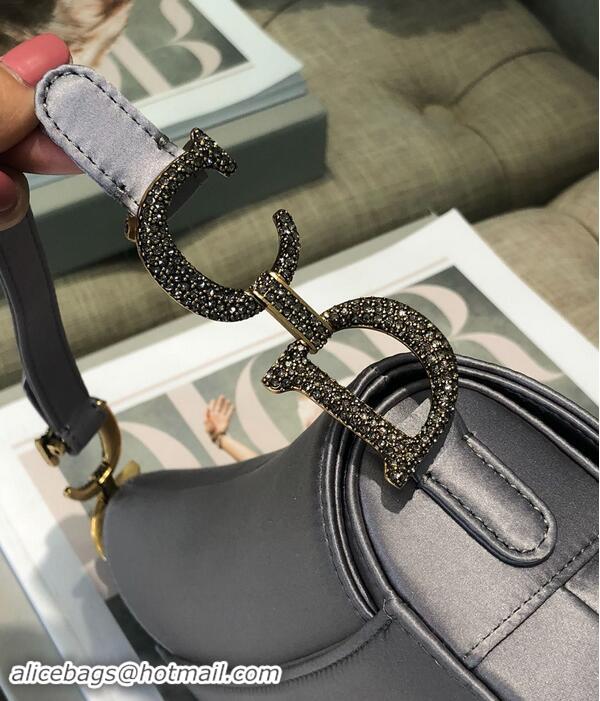 Chic Small Dior Mini Saddle Satin Crystal Bag M0447 Gray