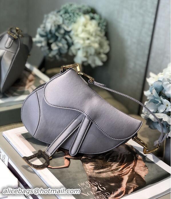 Chic Small Dior Mini Saddle Satin Crystal Bag M0447 Gray