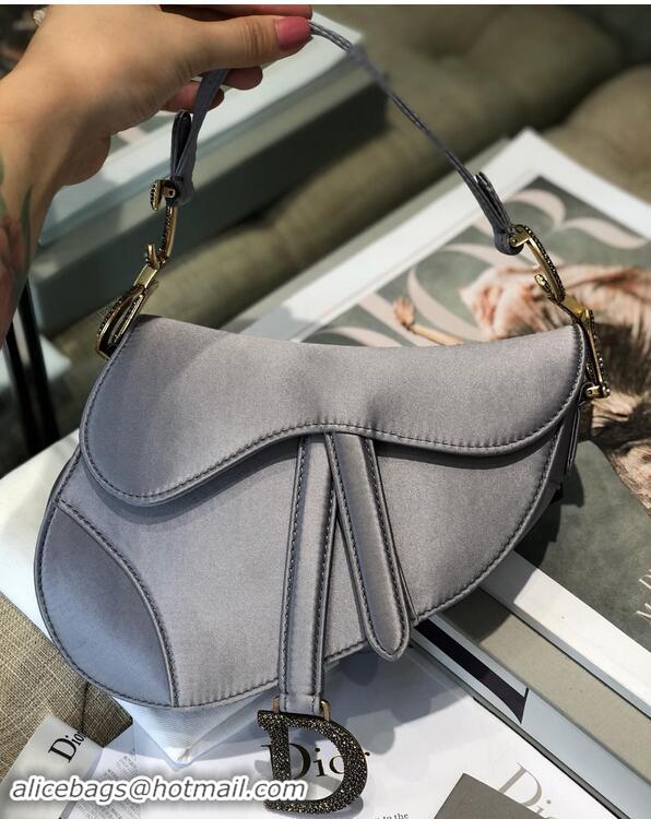 Chic Small Dior Mini Saddle Satin Crystal Bag M0447 Gray