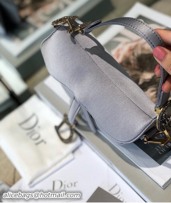 Chic Small Dior Mini Saddle Satin Crystal Bag M0447 Gray