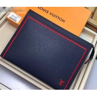 Top Grade Louis Vuitton Pochette Voyage MM Bag Taiga Leather Outline Navy Blue/Red M63394