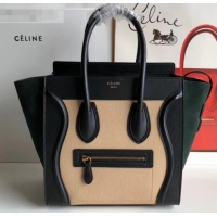 Discount Celine Micro Luggage Bag in Original Black/Drummed Beige/Suede Dark Green C090904