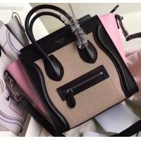 Pretty Style Celine Nano Luggage Bag in Original Black/Drummed Beige/Pink with Removable Shoulder Strap C090906