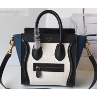 Unique Style Celine Nano Luggage Bag in Original Black/Drummed White/Crinkled Blue with Removable Shoulder Strap C090906