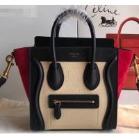 Discount Celine Nano Luggage Bag in Original Black/Drummed Beige/Suede Red with Removable Shoulder Strap C090906