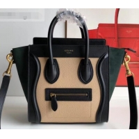 Top Design Celine Nano Luggage Bag in Original Black/Drummed Beige/Suede Dark Green with Removable Shoulder Strap C09090