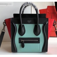 Classic Specials Celine Nano Luggage Bag in Original Black/Drummed Light Green/Suede Red with Removable Shoulder Strap C