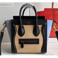 Charming Celine Nano Luggage Bag in Original Black/Drummed Beige/Suede Sky Blue with Removable Shoulder Strap C090906