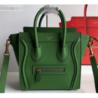 Duplicate Celine Nano Luggage Bag in Original Drummed Calfskin Green with Removable Shoulder Strap C090906