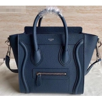 Classic Practical Celine Nano Luggage Bag in Original Drummed Calfskin Royal Blue/Silver with Removable Shoulder Strap C