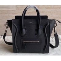 Classic Hot Celine Nano Luggage Bag in Original Drummed Calfskin Black/Silver with Removable Shoulder Strap C090906