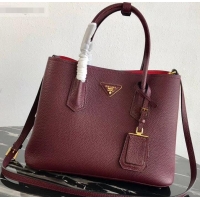 Duplicate Prada Grained Leather Double Medium Tote Bag 1BG775/1BG008 Burgundy